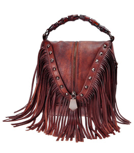 Women's Leather Bamboo Hand Strap Featured Fringe Bohemian Tassel Studed Cross Body Bag