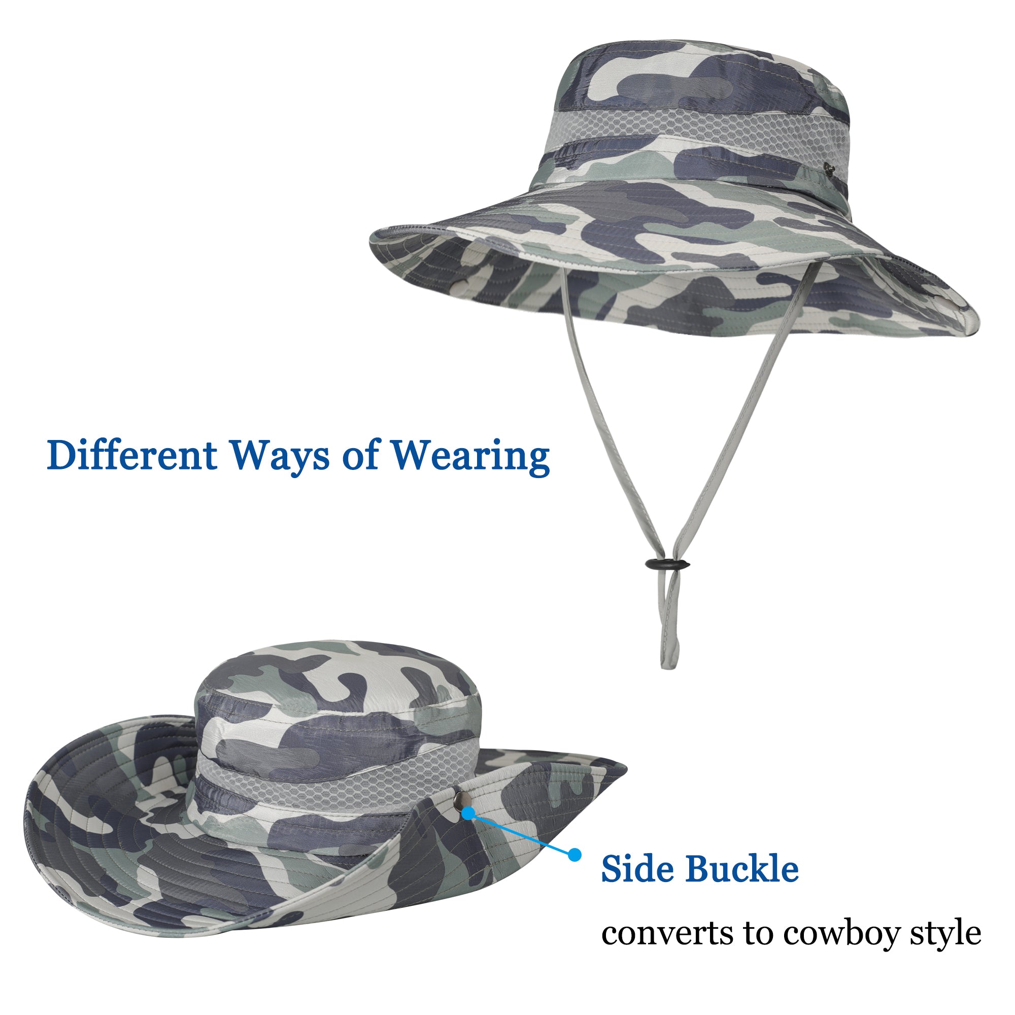 ZLYC Mens Waterproof Camo Sun Hat Wide Brim Packable Outdoor Mesh Fishing Bucket Hats (Camo Light Green)