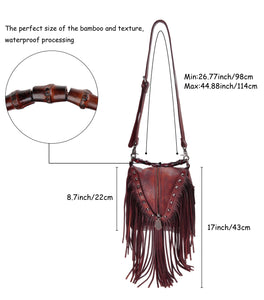 Women's Leather Bamboo Hand Strap Featured Fringe Bohemian Tassel Studed Cross Body Bag