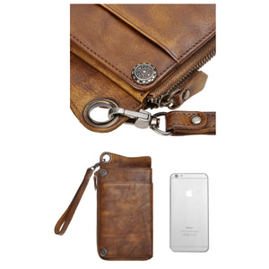 Vintage Handmade Dip-dye Leather Wallet Card Holder Long Clutch with Detachable Wristlet