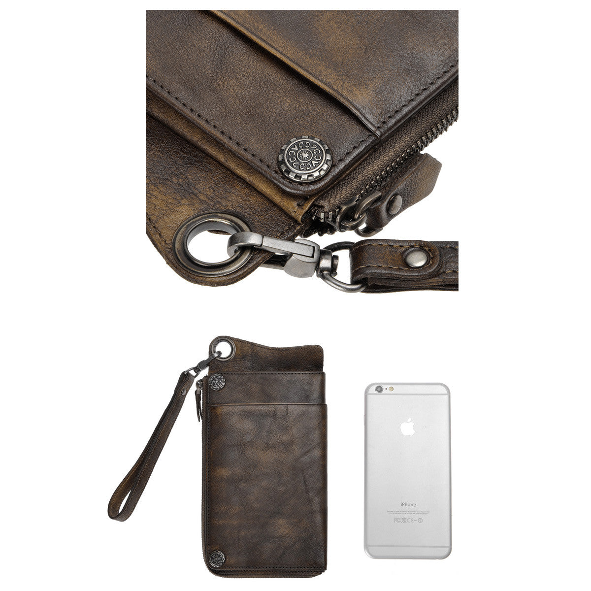 Vintage Handmade Dip-dye Leather Wallet Card Holder Long Clutch with Detachable Wristlet