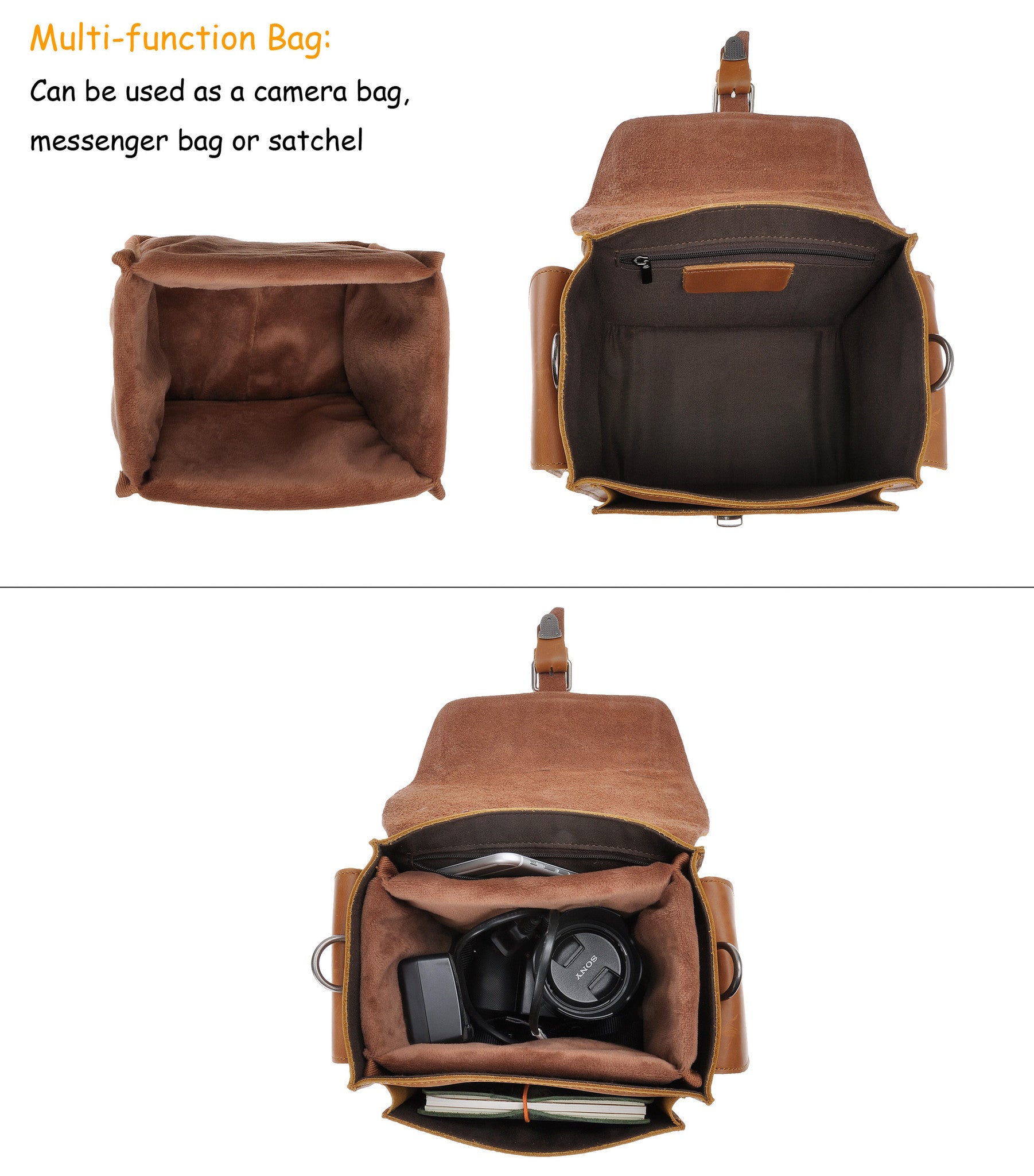 Brown Leather Camera Bag Vintage DSLR SLR Bag Removable Shockproof Padded Camera Case Small Messenger Shoulder Bag Satchel