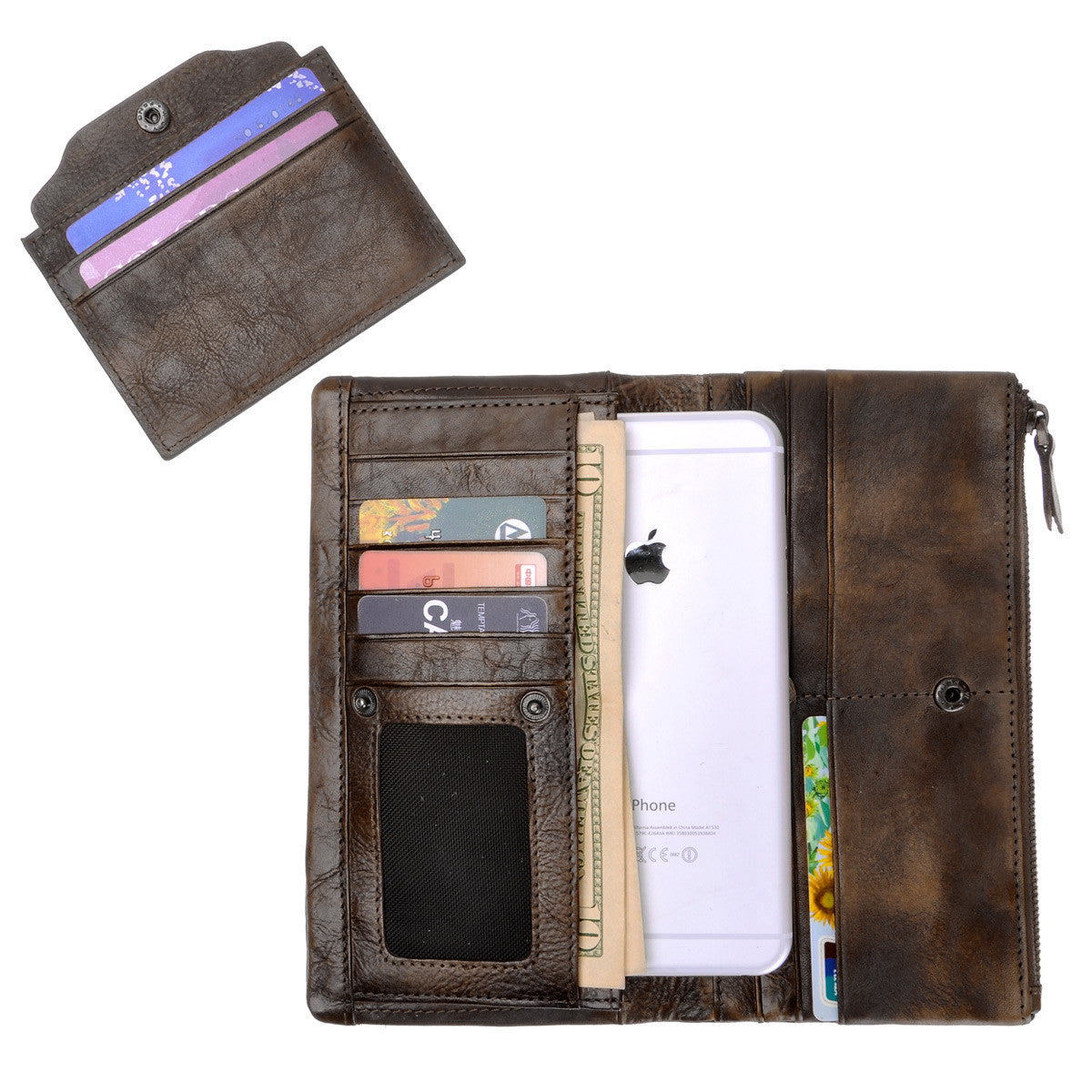 Vintage Handmade Dip Dye Leather Long Clutch Wallet with Removable Card Holder
